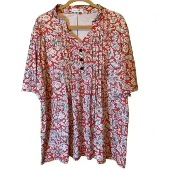 HOCOSIT Women's Floral Print Short Ruffle Sleeve Pleated Front V Neck - Picture 2 of 15